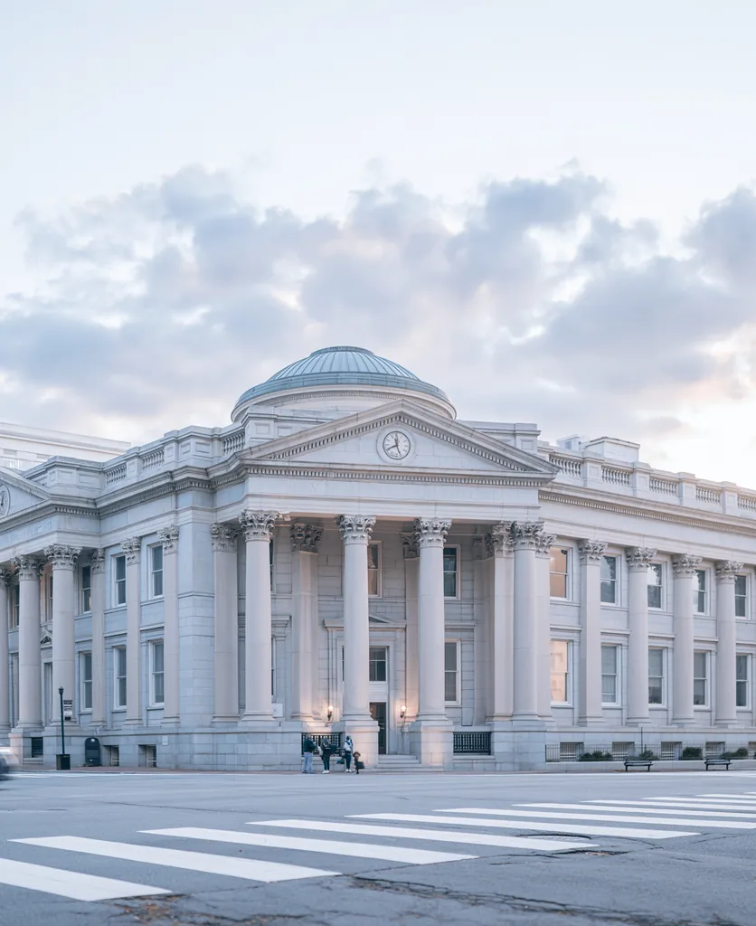 A classical bank building with a columned portico